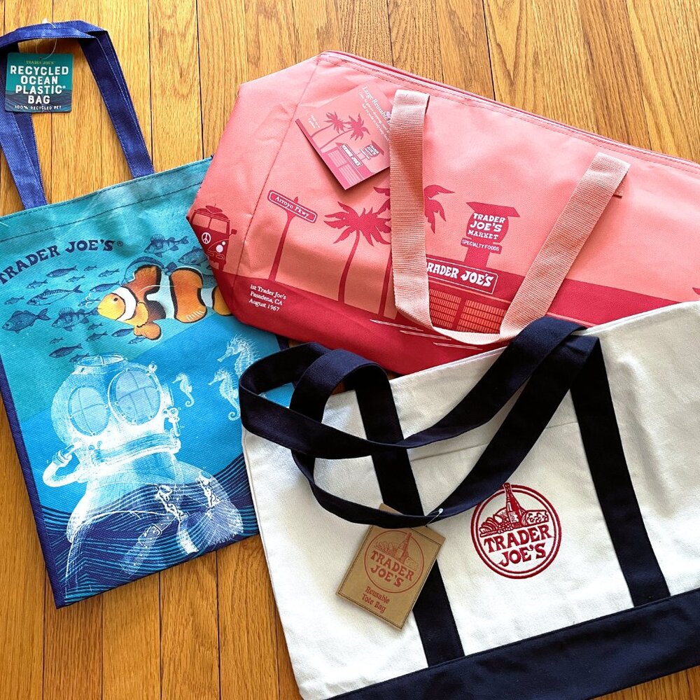 Trader Joe's LIMITED Set: XL PEACH Edition Tote, Shedd Ocean Bag, & TJs Canvas